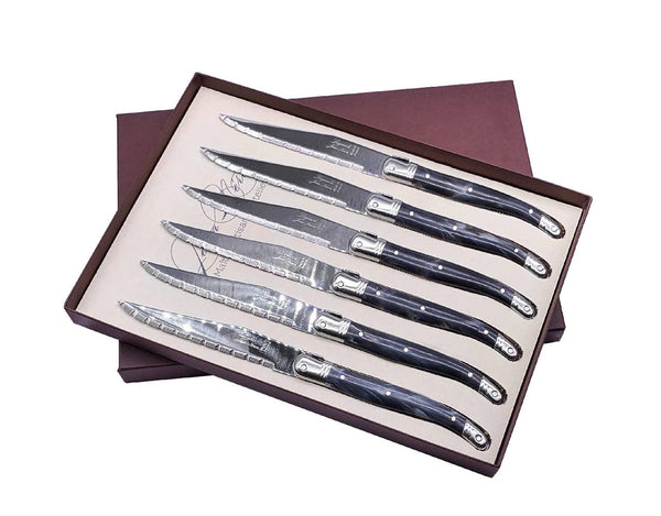 Laguiole Table Knife Black Marble Handle Set of 6 with Coffret Gift Box image 0