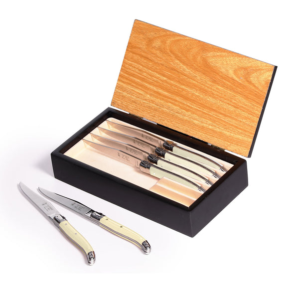 Laguiole Table Knife 25/10 Ivory Hand-Engraved Handle Set of 6 with Luxury Wooden Box image 0