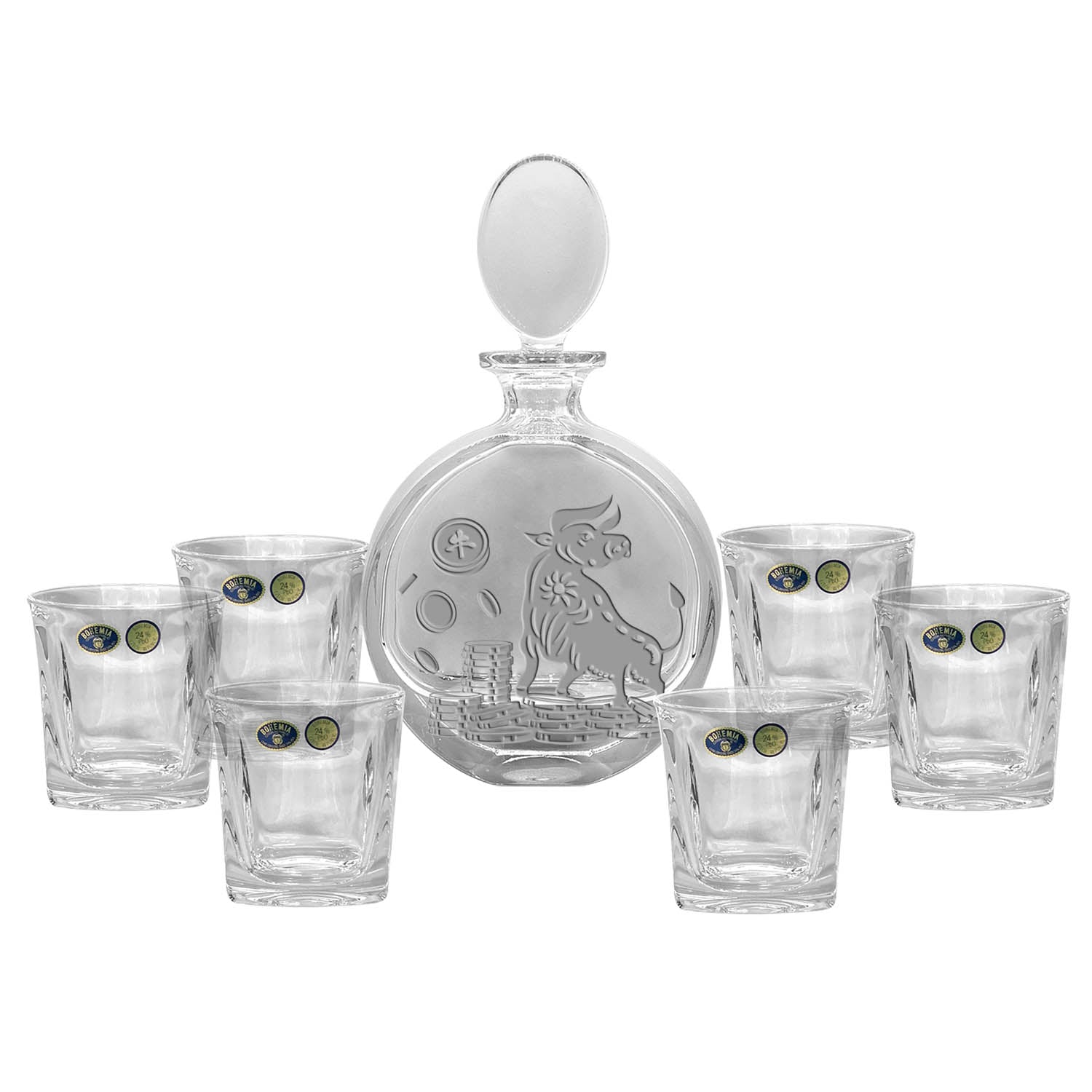 Bohemia Crystal Whisky Set ( 1 Decanter with Sandblasted Ox Motif