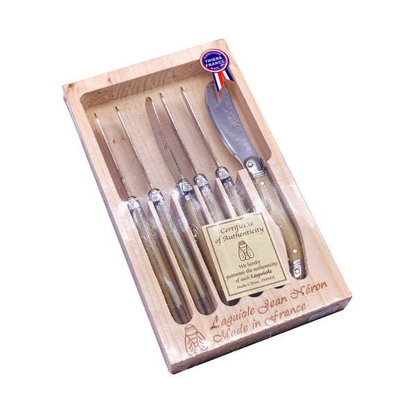 Laguiole Butter Knife Pale Horn Handle Set of 6 with Wooden Box image 0