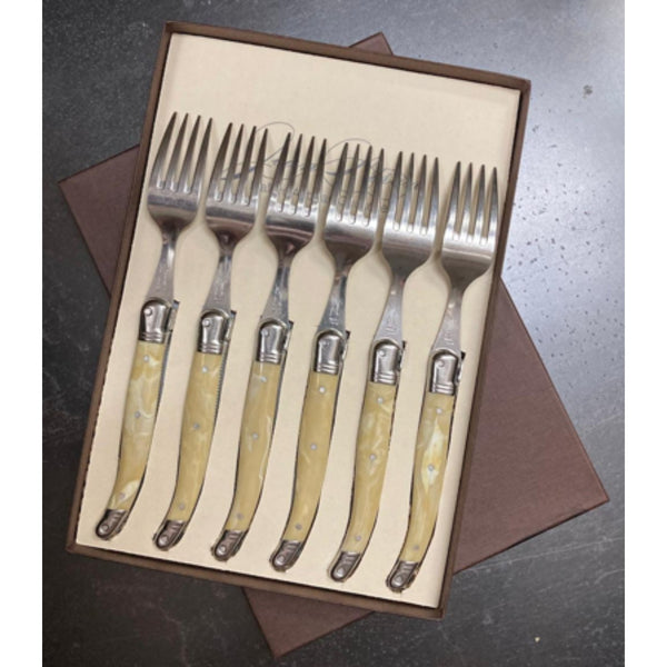 Neron Laguiole Table Fork Pale Horn Handle Set of 6 with COFFRET Gift Box image 0