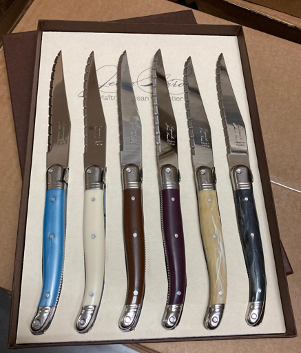 NeronLaguiole Table Knife 15/10 Traditional Colour Set of 6 ( 1pc of eachBlue,Black Marble,Pale Horn,Ivory,Bworn&Aubergine) with COFFRET Gift Box