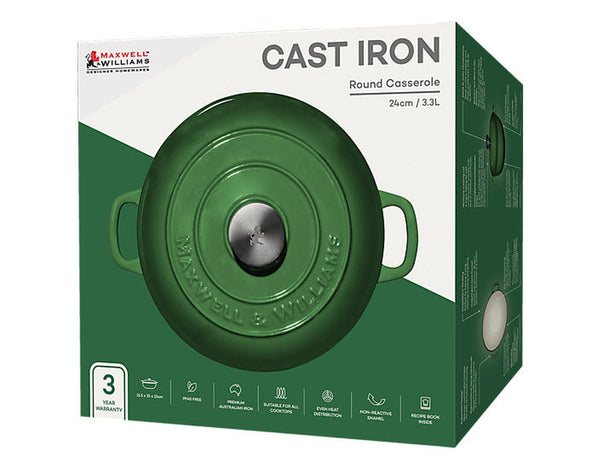 Maxwell & Williams Cast Iron Round Casserole English Racing Green 24cm / 3.3L Gift Boxed