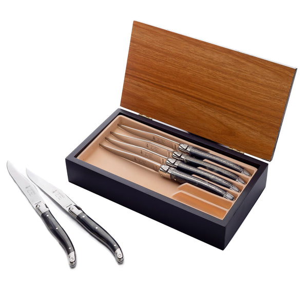 Laguiole Table Knife 25/10 Black Hand-Engraved Handle Set of 6 with Luxury Box image 0