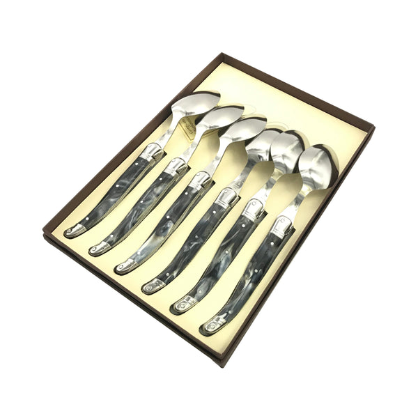 Laguiole Table Spoon Black Marble Handle Set of 6 with Coffret Gift Box image 0