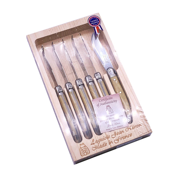 Laguiole Mini Cheese Knife Pale Horn Handle Set of 6 with Wooden Gift Box image 0
