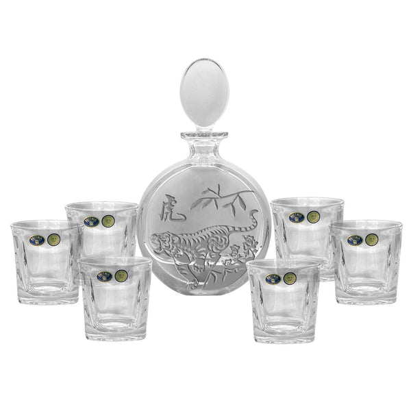 Bohemia Crystal Whisky Set ( 1 Decanter with Sandblasted Tiger Motif + 6 Tumblers) image 0